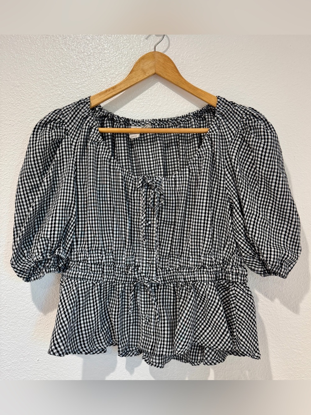 Joie Black White Gingham Check Puff Sleeve Cinch Waist Peplum Top Cottagecore M